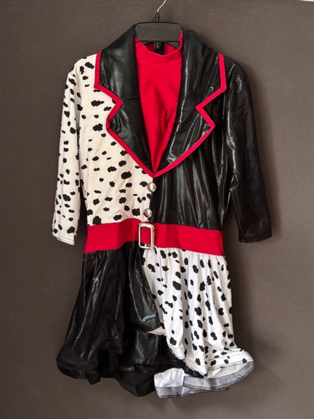 Cruella costume Dalmatian print red, white and black dance